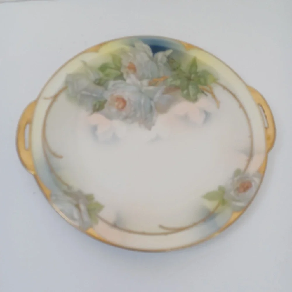 Royal Rudolstadt Hand‎ Painted Prussia Plate White Roses Gold Trim Handles